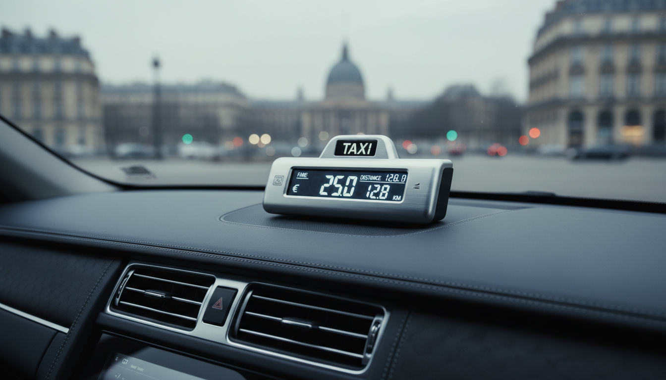 A high-end, digital taxi meter with a brushed aluminum finish and crisp backlit numerals, resting on the dashboard of a luxury car interior. The dashboard features dark leather textures, subtle stitching, and contemporary controls. Out the window is a soft-focus, urban Parisian backdrop with neutral tones, hinting at city life without distracting details. The interior is bathed in cool, ambient studio lighting, reflecting slight highlights across the meter’s display and dashboard surfaces. Captured at an angled close-up with a shallow depth of field, this photographic image feels refined, structured, and efficient, reinforcing the reliable and modern nature of the taxi service.