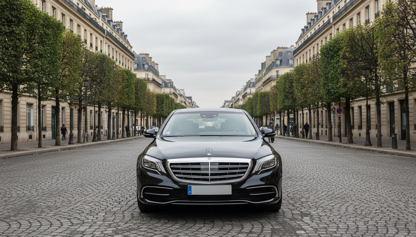 A sleek midnight-black executive sedan with gleaming chrome accents, immaculately clean and polished, parked curbside on a broad Parisian boulevard. The car is surrounded by city architecture with neutral stone facades and neatly pruned avenue trees, suggesting both Paris and a professional business feel. The composition uses symmetrical framing with the car centered in the foreground, stone buildings receding in the distance. Soft, overcast daylight evenly illuminates the scene, casting gentle, diffuse shadows and subtle reflections on the car’s surface to create a calm, trustworthy, and corporate atmosphere. The image embodies photographic realism and a clean, modern look suitable for a professional taxi service’s homepage.